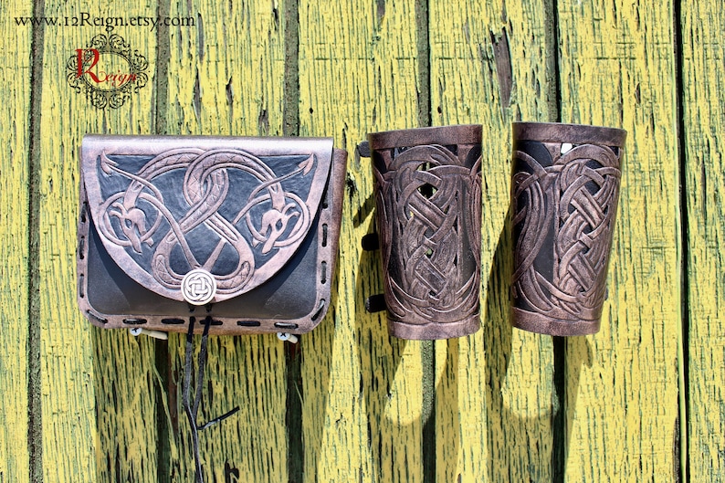 Leather bracers AND pouch, Viking Floki celtic dragon cut-out design. Buy the HALF length bracers and pouch together and get a DISCOUNT image 1