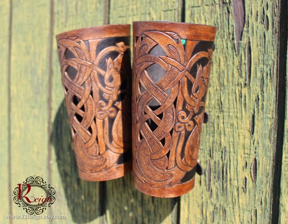 Leather bracers, Viking- "Skoll and Hati" HALF LENGTH celtic wolf cut-out design. Now available in Brown & Black!