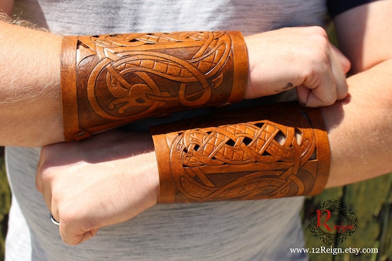 Leather bracers, Viking- "Floki" HALF LENGTH celtic dragon cut-out design. NEW two-tone brown dyes!