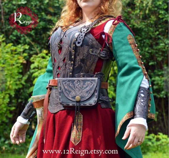 Leather armor corset, bracers AND pouch! Viking design- celtic wolf cut-out design in heavy duty leather. Buy together & get a DISCOUNT!
