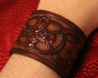 Leather wristband, Celtic- READY TO SHIP! Infinity quad knot bracelet design in natural brown tones