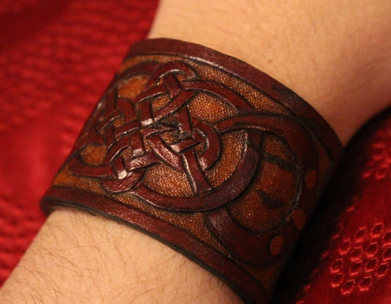 Leather wristband, Celtic- READY TO SHIP! Infinity quad knot bracelet design in natural brown tones