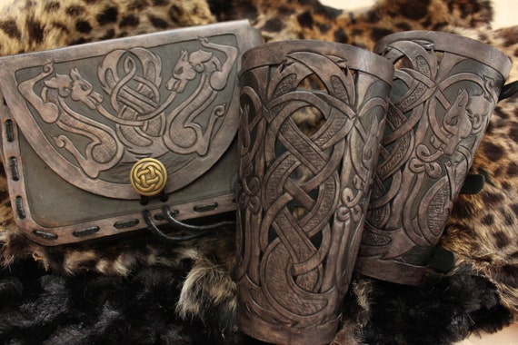 Leather bracers AND pouch, Viking- "Skoll and Hati" celtic wolf cut-out design. Buy the bracers & pouch together and get a DISCOUNT!