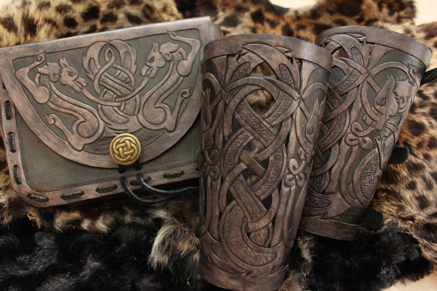 Leather Bracers AND Pouch, Viking skoll and Hati Celtic Wolf Cut-out  Design. Buy the Bracers & Pouch Together and Get a DISCOUNT -  Canada