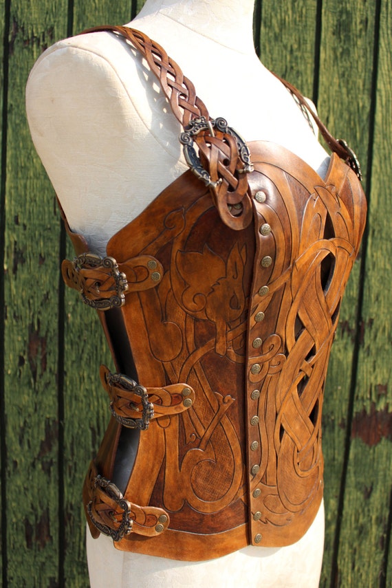 Leather armor corset, Viking design- celtic wolf cut-out design in heavy duty leather. Several sizes available! Now in 2-tone Brown!