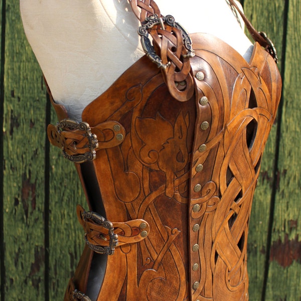 Leather armor corset, Viking design- celtic wolf cut-out design in heavy duty leather. Several sizes available! Now in 2-tone Brown!