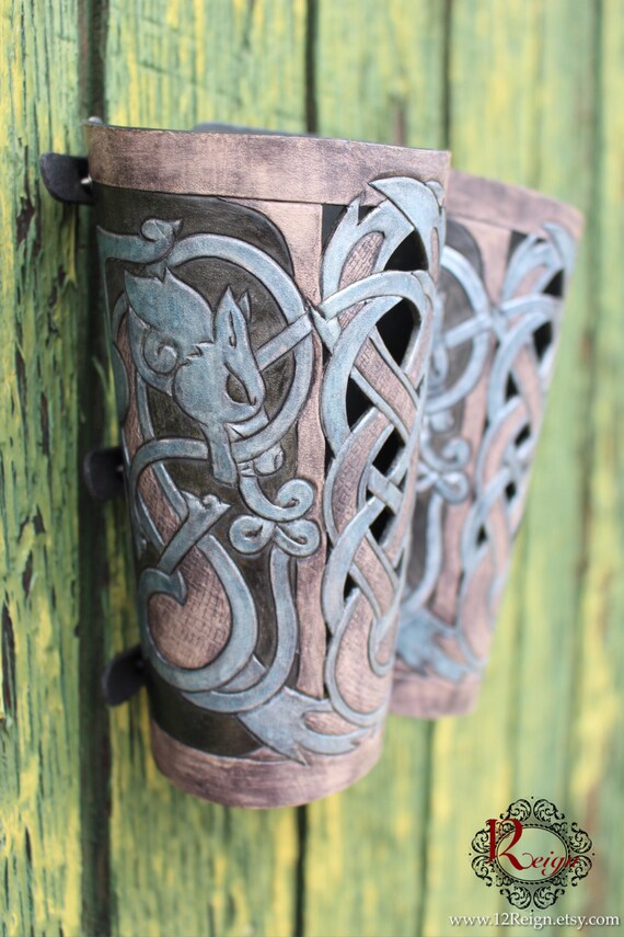 Leather bracers, Viking- "Skoll and Hati" HALF LENGTH celtic wolf cut-out design. Now available in Gray, Black & Silver Blue!