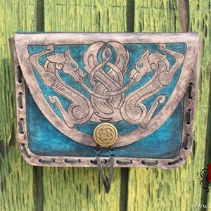 Leather Viking pouch Skoll and Hati dual celtic wolf design with custom concho closure. Now available in Gray and Blue image 1