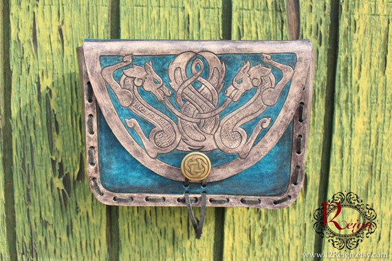 Leather Viking pouch- "Skoll and Hati" dual celtic wolf design with custom concho closure. Now available in Gray and Blue!