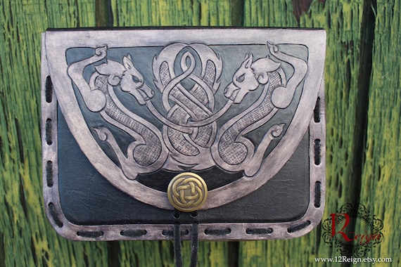 Leather Viking pouch- "Skoll and Hati" dual celtic wolf design with custom concho closure