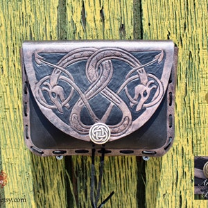 Leather bracers AND pouch, Viking Floki celtic dragon cut-out design. Buy the HALF length bracers and pouch together and get a DISCOUNT image 4