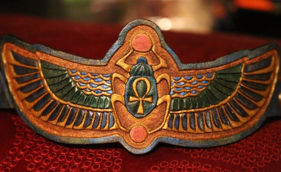 Leather wristband, Egyptian- scarab and Isis wing design. Custom sizing available!