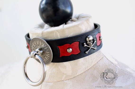 Fetish leather collar- "Captain's Orders" pirate design w/ skull and cross bones, compass and dome rivet details. Several colors available!