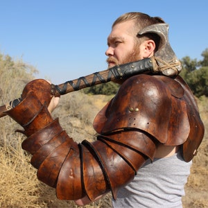Leather Spartacus Armor- battle ready Gladiator single arm pauldron with integrated arm plates and hand guard. LEFT ARM ONLY!