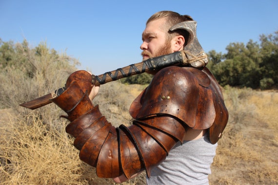 Leather Spartacus Armor- battle ready Gladiator single arm pauldron with integrated arm plates and hand guard. LEFT ARM ONLY!
