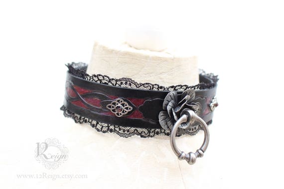 Fetish leather collar- "Mina's Eternal Rose" Swarovski gems with metal rose and filigree detailings. READY TO SHIP! Size: X-Large (18-20in)