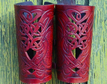 Leather bracers, Celtic owl HALF LENGTH with cut-out detail. NEW design in 2-tone Mahogany!