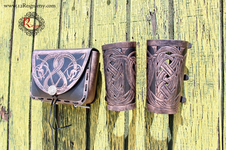 Leather bracers AND pouch, Viking Floki celtic dragon cut-out design. Buy the HALF length bracers and pouch together and get a DISCOUNT image 2