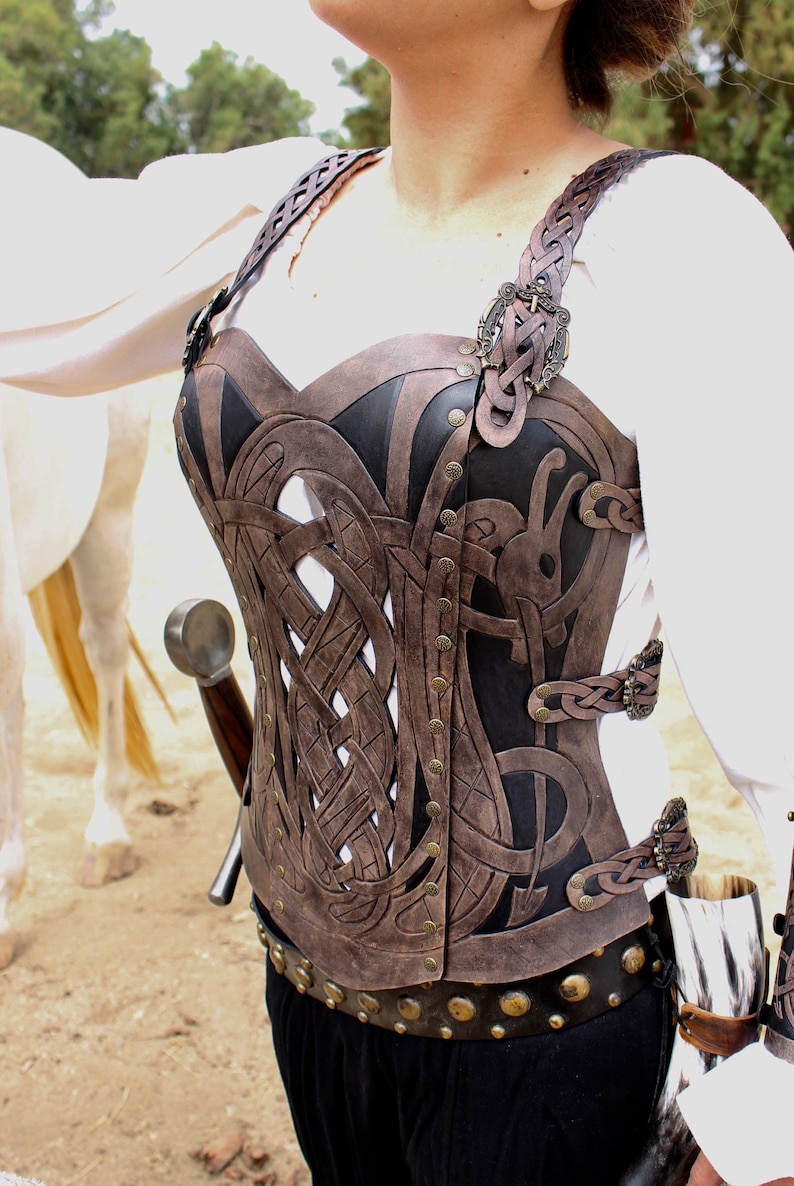 Leather armor corset, Viking design celtic dragon cut-out design in heavy duty leather. Several sizes available image 1