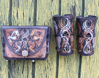 Leather bracers AND pouch, Viking- Celtic horse cut-out design. Buy the HALF length bracers and pouch together and get a DISCOUNT!