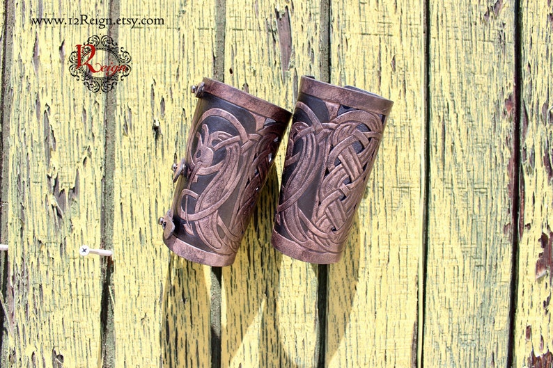 Leather bracers AND pouch, Viking Floki celtic dragon cut-out design. Buy the HALF length bracers and pouch together and get a DISCOUNT image 5