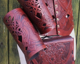 Leather bracers AND pouch, Viking- Celtic owl cut-out design. Buy together and get a DISCOUNT! Now available in two-toned Mahogany!