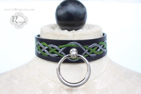 Fetish leather collar- "The Ties That Bind" intertwined infinity knot-work cut-out design. Darker colors now available!