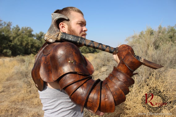 Leather Spartacus Armor- battle ready Gladiator single arm pauldron with integrated arm plates and hand guard. RIGHT ARM ONLY.