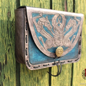 Leather Viking pouch Skoll and Hati dual celtic wolf design with custom concho closure. Now available in Gray and Blue image 3