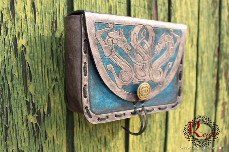 Leather Viking pouch Skoll and Hati dual celtic wolf design with custom concho closure. Now available in Gray and Blue image 3