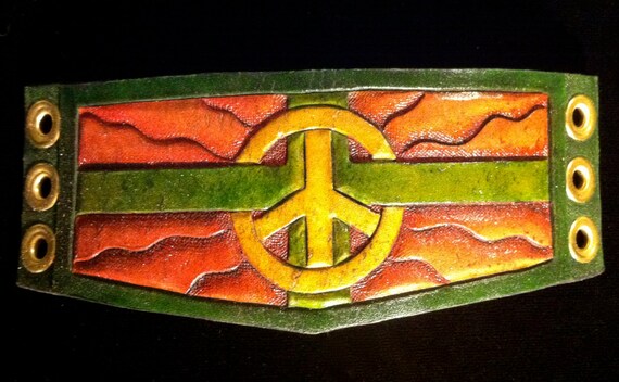 Leather wristband, Green Peace! READY TO SHIP! Medical cannabis and peace symbol on tooled leather bracelet.