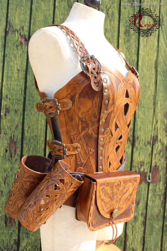 Leather armor corset, bracers AND pouch! Viking celtic wolf cut-out design in heavy duty leather. Buy together & SAVE. Now in 2-tone Brown!