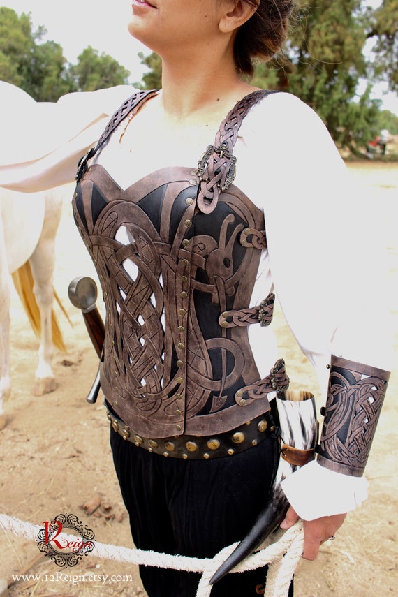 Leather Armor Corset, Bracers AND Pouch Viking Design Celtic Dragon Cut-out  Design in Heavy Duty Leather. Buy Together & Get a DISCOUNT 