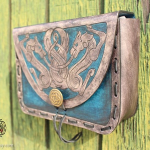 Leather Viking pouch Skoll and Hati dual celtic wolf design with custom concho closure. Now available in Gray and Blue image 2