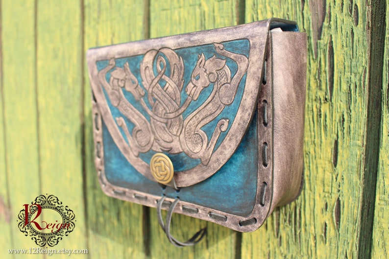 Leather Viking pouch Skoll and Hati dual celtic wolf design with custom concho closure. Now available in Gray and Blue image 2