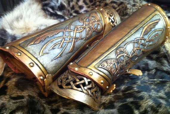 Leather bracers, Viking- "The Valkyrie" custom celtic wing design on forearm plate with cut-out knot-work on wrist plate