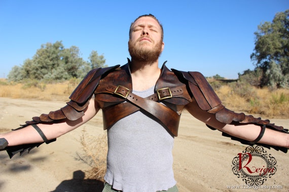 Leather Spartacus Armor- battle ready Gladiator pauldron & chest armor with integrated arm plates and hand guard