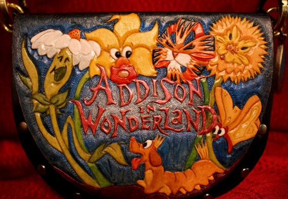 Personalized leather purse, handbag- "Wonderland" Alice in Wonderland tooled leather purse in your name! Available in larger sizes!