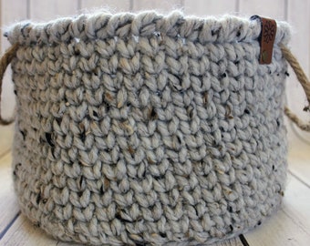 Handmade Yarn Basket: Rustic Crochet Basket with Rope Handles, Medium sized