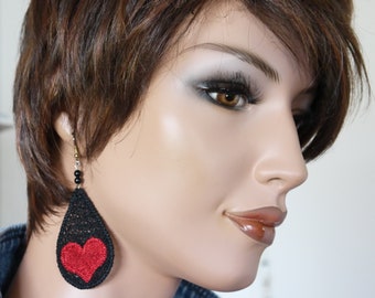 Black lace earrings, FSL earrings, heart earrings