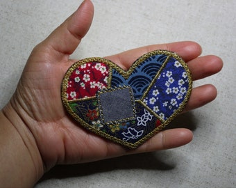 Handmade patchwork heart brooch, fabric heart brooch, embroidered fabric heart, liberty fabric brooch