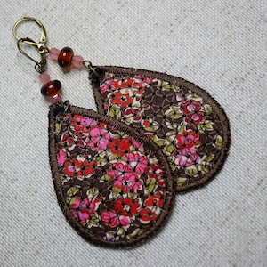 Tear drop earrings in liberty fabric, embroidered earrings