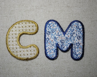 Embroidered initial brooch in liberty or Japanese fabric, fabric letter brooch