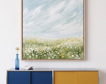 Abstracte schilderij van een bloemenweide met zware textuur, impasto geschilderd met paletmes, moderne minimalistische landschapsschilderkunst op canvas