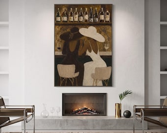 Abstract Women in Hats at Bar Heavy Texture Painting, Impasto Palette Knife Wall Art, Modern Minimalist Cafe Canvas, Large Dining Room Decor