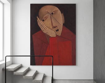 Abstract Thoughtful Man Heavy Texture Painting, Impasto Palette Knife Wall Art, Modern Minimalist Canvas, Large Stairway Decor