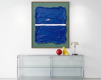 Abstract Blue Swimming Pool Heavy Texture Painting, Impasto Palette Knife Wall Art, Modern Minimalist Swimmer Canvas
