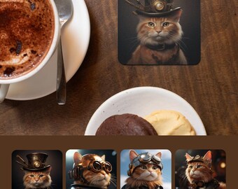 Orange Tabby Cat Steampunk Coaster Set of 4, Victorian Ginger Cat Art Coasters, Cat Lover Gift