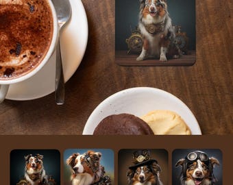 Australian Shepherd Steampunk Coaster Set of 4, Victorian Herding Dog Art Coasters, Aussie Lover Gift, Home Bar Decor