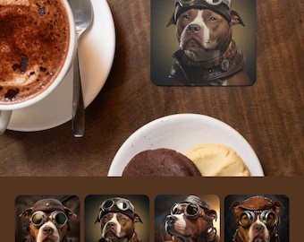 Pit Bull Steampunk Coaster Set of 4, Victorian Strong Dog Art Coasters, Pit Bull Lover Gift